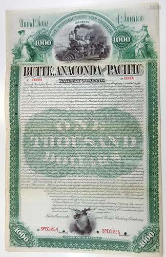 Butte, Anaconda and Pacific Railway Co. 1893 Specimen Bond.