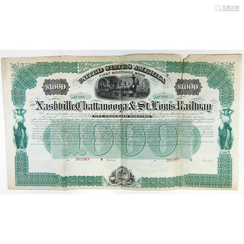 Nashville, Chattanooga & St. Louis Railway, 1877 Specimen Bond.