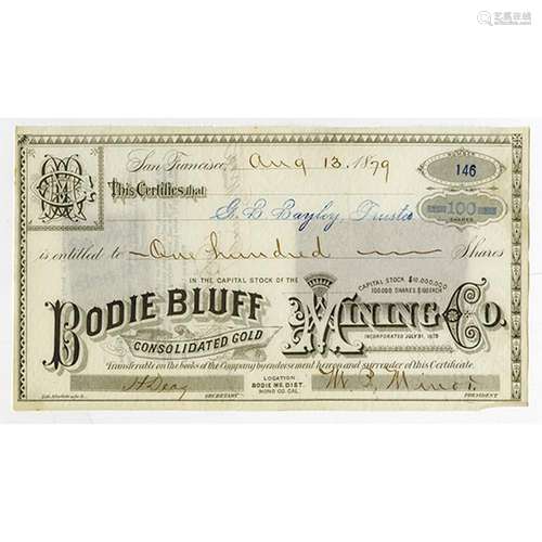 Bodie Bluff Consolidated Gold Mining Co., 1879 Issued Stock Certificate.