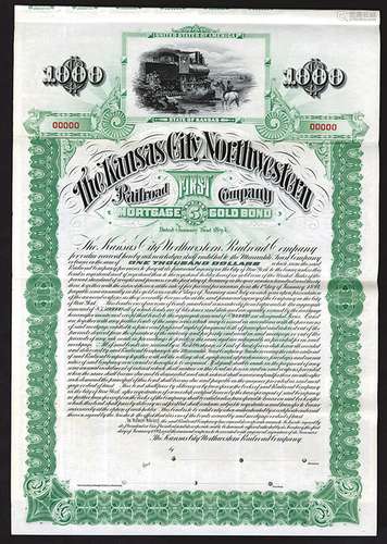 Kansas City Northwestern Railroad Co., 1894 Specimen Bond