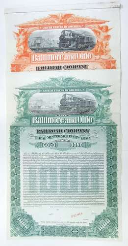 Baltimore and Ohio Railroad Co., 1898 Specimen Gold Coupon Bond Pair.