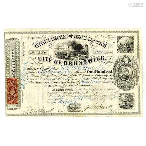 Georgia, City of Brunswick 1868 Stock Certificate.