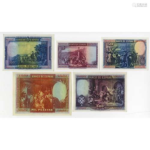 Banco de Espana. 1928. Quintet of Issued Notes.