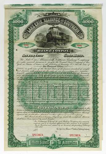 Lake Erie, Alliance and Southern Railway Co., 1887 Specimen Bond.