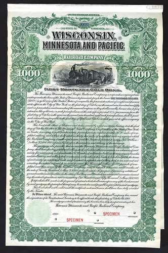 Wisconsin, Minnesota and Pacific Railroad Co., 1900 Specimen Bond