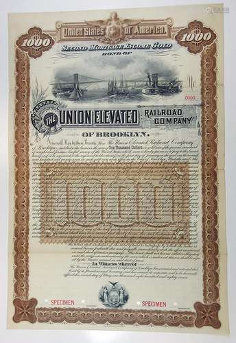 Union Elevated Railroad Co., 1887 Specimen Bond.