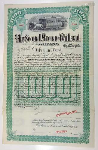 Second Avenue Railroad Company in the City of New York, 1889 Specimen Bond.