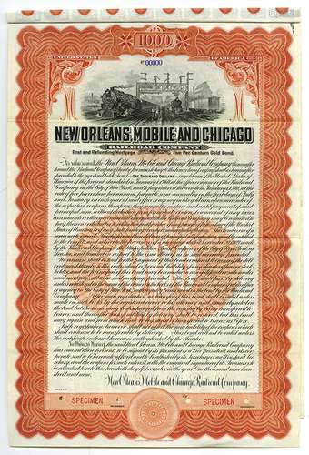 New Orleans, Mobile and Chicago Railroad Co., 1909 Specimen Bond