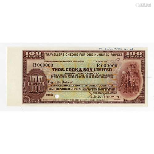 Thos. Cook & Son Ltd, Traveler's Check Proof ca.1930-40s, 100 Rupees Banknote.