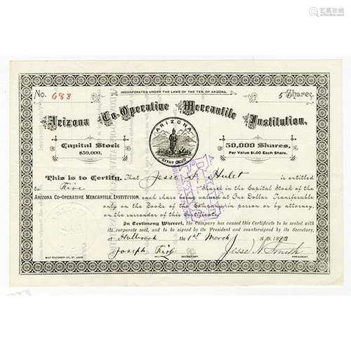 Arizona Co-Operative Mercantile Institution, Mormon related company, 1893 Stock Certificate Signed by Jesse Smith & Joseph Fish.