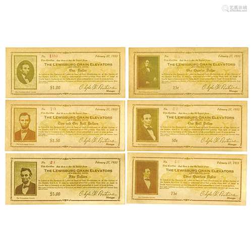 Lewisburg Grain Elevators, 1933 Lot of 6 Different Notes.