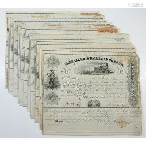 Central Ohio Rail Road Co., ca.1866-1872 Group of Cancelled Stock Certificates