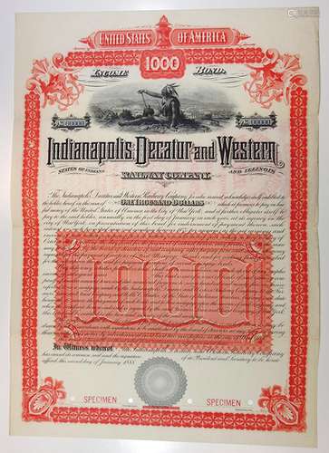 Indianapolis, Decatur and Western Railway Co. 1888 Specimen Bond.