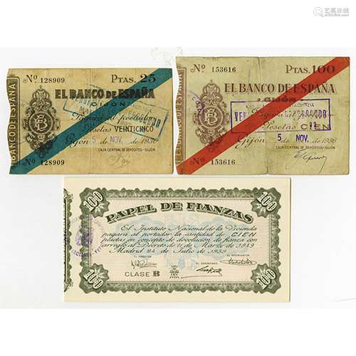 Banco de Espana Gijon & Papel de Fianzas. 1936-1959. Trio of Issued Notes.