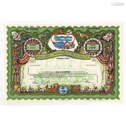 Colorful Ringling Bros. - Barnum & Bailey Combined Shows, Specimen Stock Certificate.