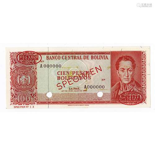 Banco Central de Bolivia, L.1962 Specimen Banknote.