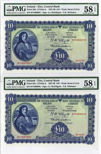 Central Bank of Ireland, 1957 Sequential Issue Banknote Pair.