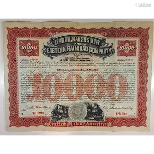 Omaha, Kansas City and Eastern Railroad Co., 1897 Specimen Bond.