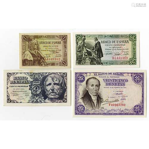 Banco de Espana. 1945-1947. Quartet of Issued Notes.