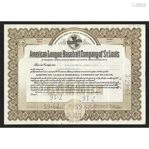 American League Baseball Company of St. Louis, 1936 Stock Certificate.