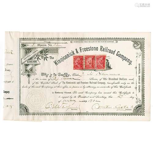 Kinniconick & Freestone Railroad Co., 1902 Cancelled Stock Certificate