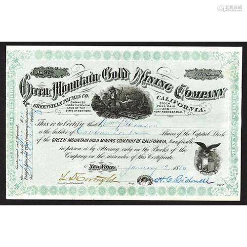 Green Mountain Gold Mining Co., 1880 Stock Certificate.