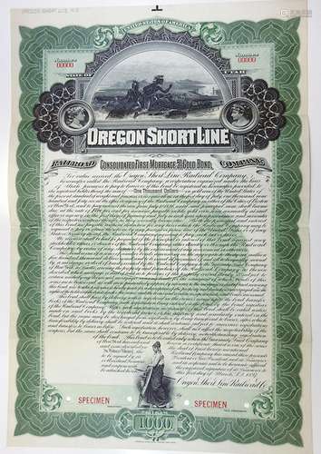 Oregon Short Line Railroad Co., 1897 Specimen Bond.