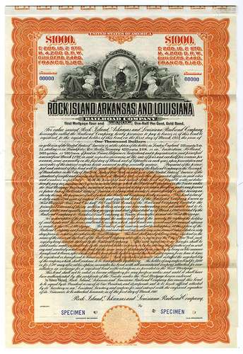 Rock Island, Arkansas and Louisiana Railroad Co., 1910 Specimen Gold Coupon Bond.