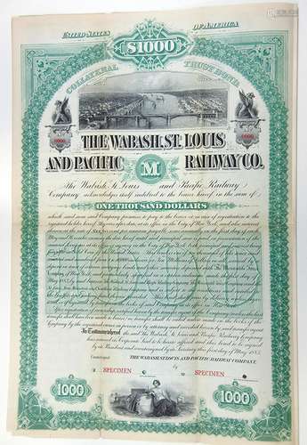 Wabash, St. Louis and Pacific Railway Co. 1883 Specimen Bond.