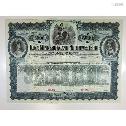 Iowa, Minnesota and Northwestern Railway Co., 1900 Specimen Bond.