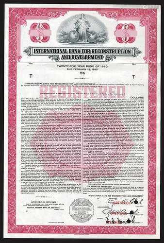 International Bank for Reconstruction and Development 1960 Specimen Bond