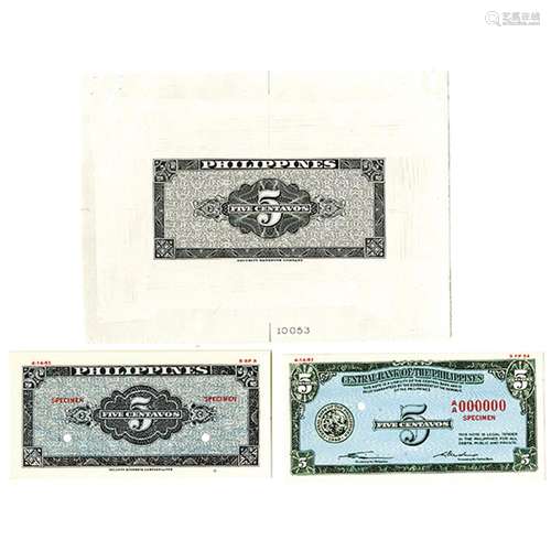 Central Bank of the Philippines, 1949 Issue Color Trial Banknote Trio by SBNC.