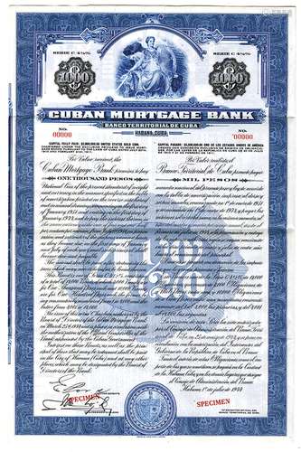 Cuban Mortgage Bank, 1944 Specimen Bond