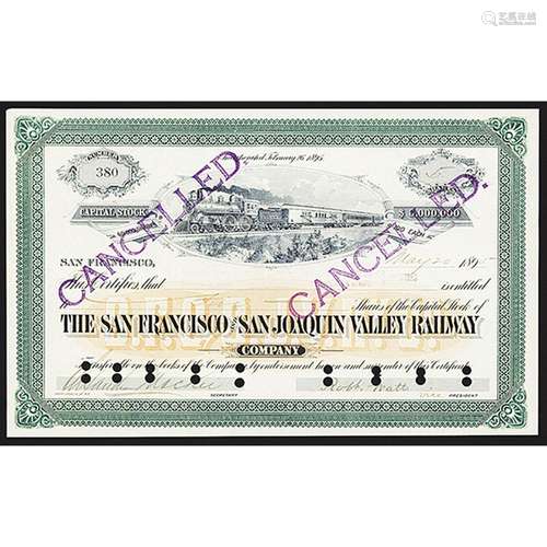 San Francisco and San Joaquin Valley Railway Co., 1895 Issued Stock Certificate.