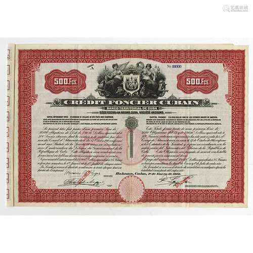 Credit Foncier Cubain, Banco Territorial de Cuba 1912 Specimen Bond.