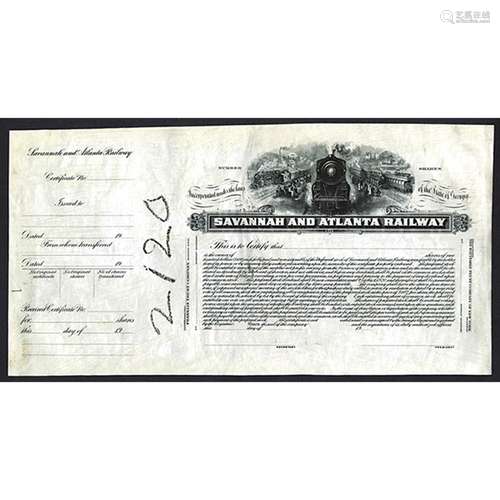 Savannah and Atlanta Railway., ND ca.1900-1920 Proof Stock Certificate.