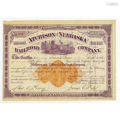 Atchison and Nebraska Railroad Co. 1872 Issued Stock Certificate with U.S. Imprinted Revenue.