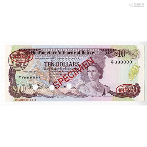 Monetary Authority of Belize, 1980 Specimen Banknote.