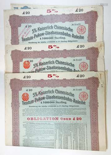 Kaiserlich Chinesische Tientsin-Pukow-Staatseisenbahn-Anleihe 1908 Issued Trio of Bonds