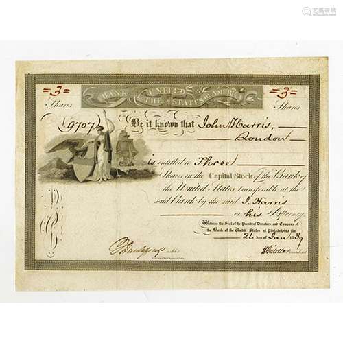 Bank of the United States, 1839 I/U Stock Certificate signed by Nicholas Biddle.