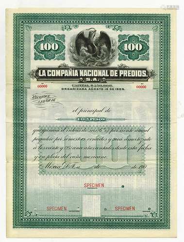 La Compania Nacional de Predios, S.A. 190x Specimen Bond.