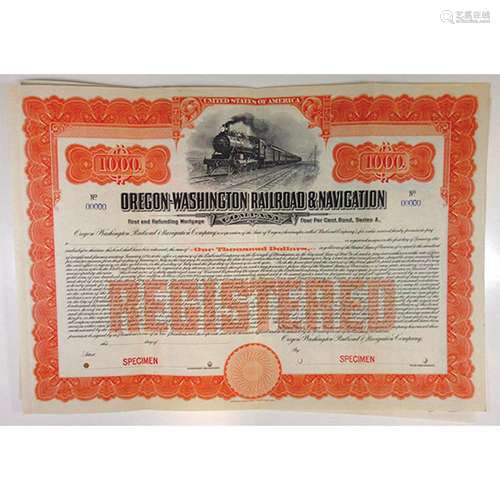 Oregon-Washington Railroad & Navigation Co. 1911 Specimen Bond.