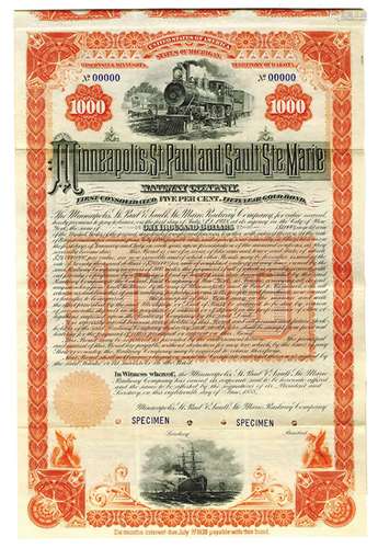 Minneapolis, St. Paul and Sault Ste. Marie Railway Co., 1888 Specimen Bond