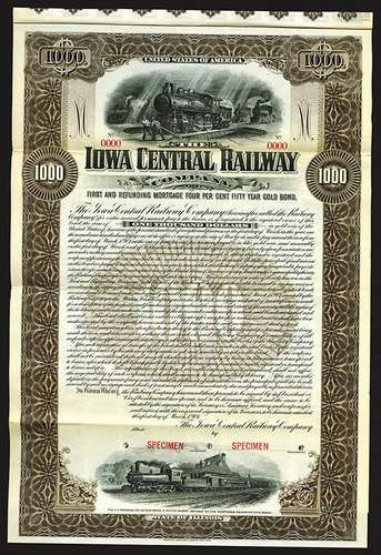 Iowa Central Railway Co. 1901 Specimen Bond.