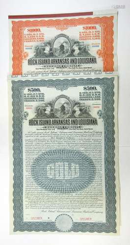 Rock Island, Arkansas and Louisiana Railroad Co. 1910 Specimen Bond Pair.