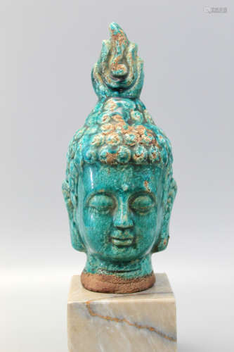 Chinese green glazed pottery Buddha head.