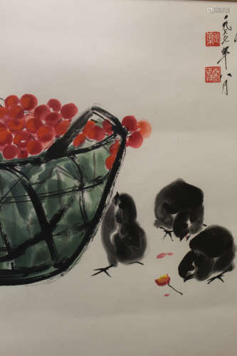 Chicken and cherry, Chinese water color on paper,