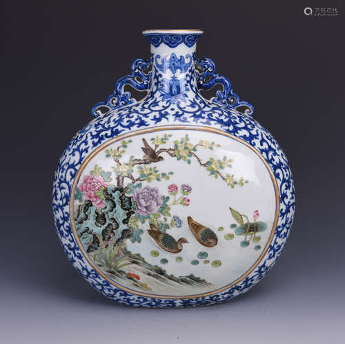 Chinese blue and white and famille rose porcelain vase, Qianlong mark.