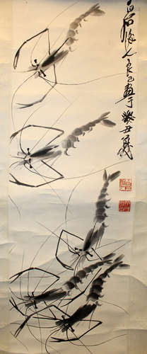 Shimp. Chinese ink on paper painting scroll by Qi Liangyi.