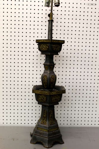 Big Chinese pewter candle holder made into a lamp.